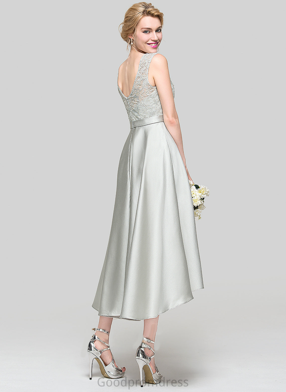 ScoopNeck Satin Silhouette Length Neckline Straps A-Line Fabric Lace Asymmetrical Savannah Sleeveless Bridesmaid Dresses