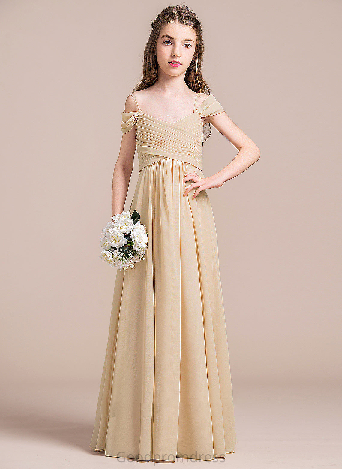 Chiffon Ruffle A-Line With Alejandra Floor-Length Off-the-Shoulder Junior Bridesmaid Dresses