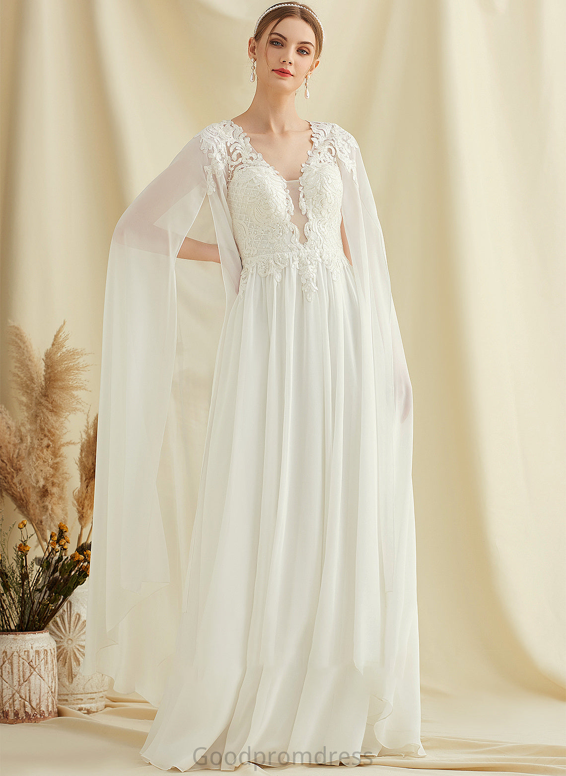 With Chiffon Lace Floor-Length Wedding Dresses Sequins Wedding Dress V-neck A-Line Guadalupe