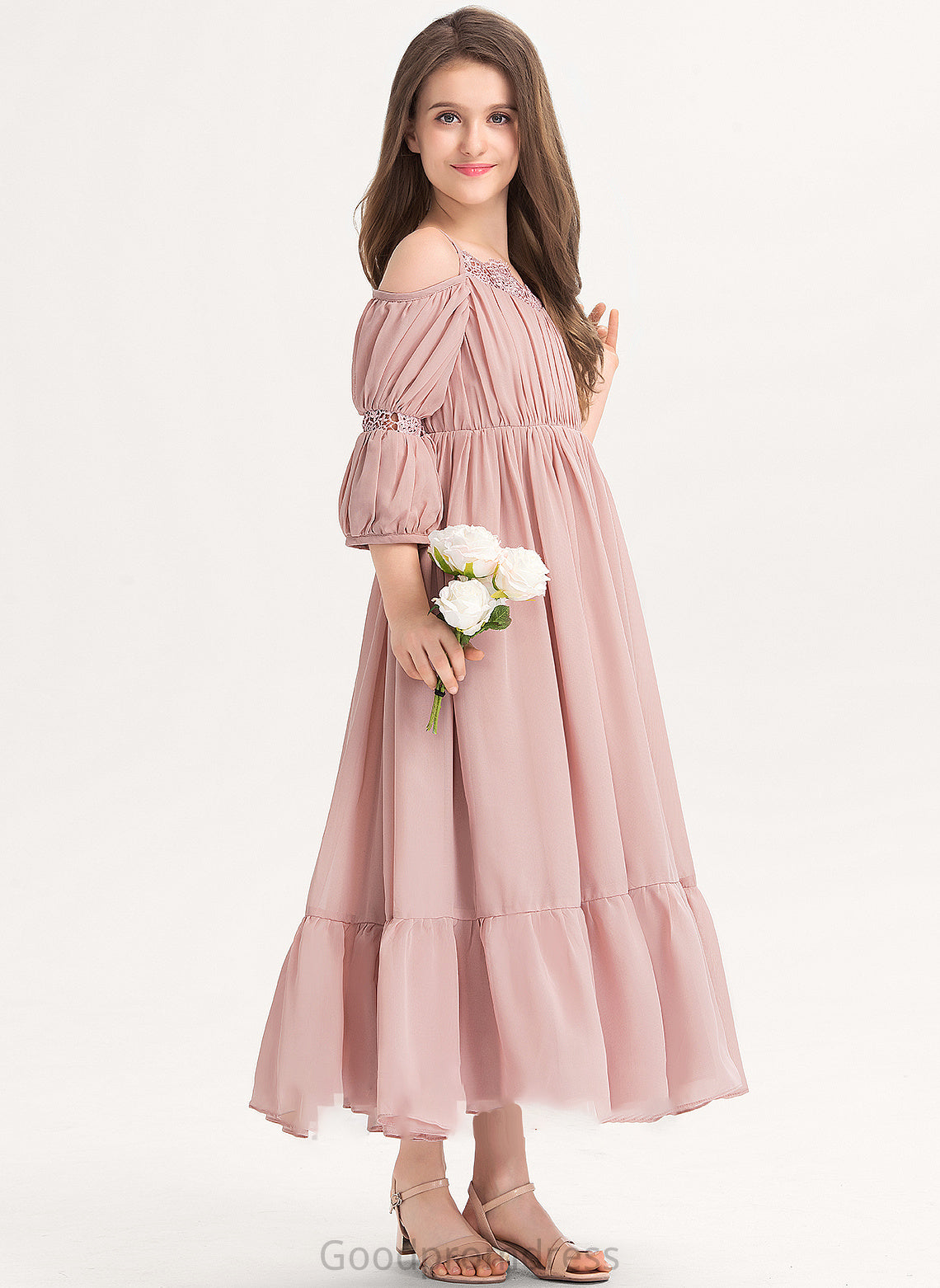 Neckline Lace Ankle-Length Square With Chiffon Ruffle A-Line Junior Bridesmaid Dresses Nina