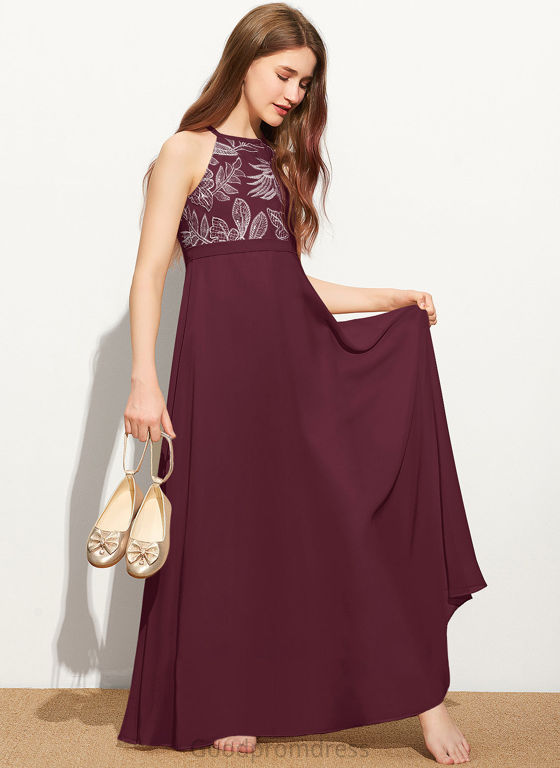 With Chiffon Lace Junior Bridesmaid Dresses A-Line Bow(s) Maeve Floor-Length Neck Scoop