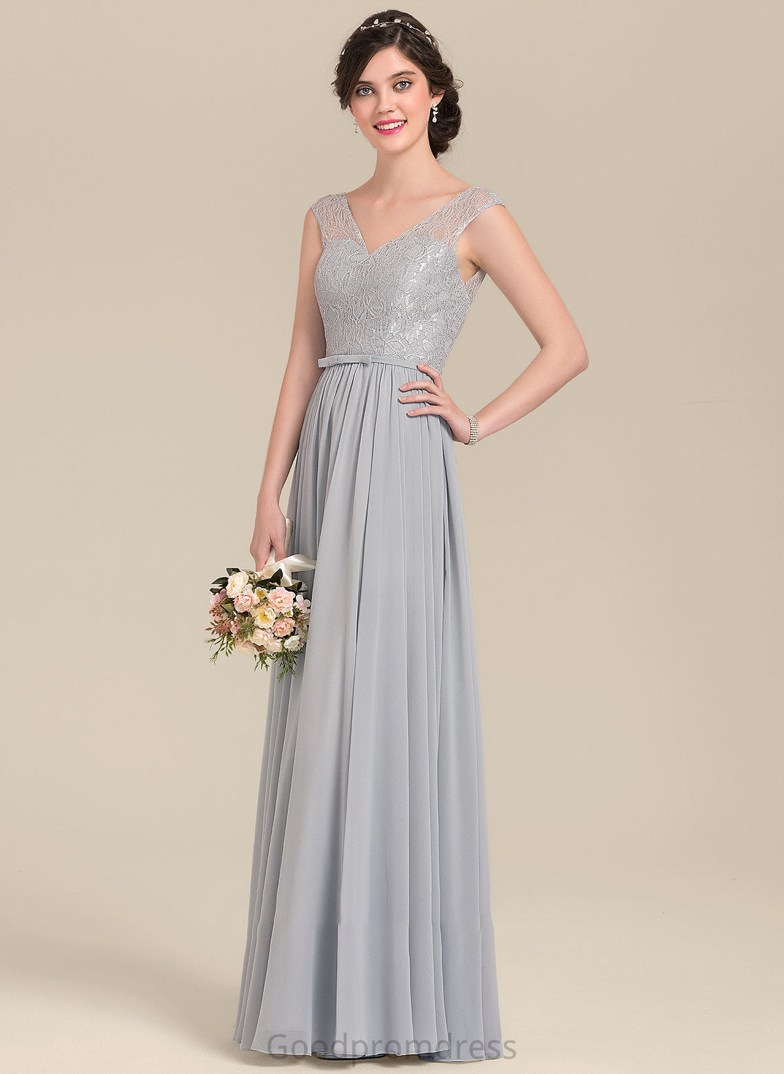 V-neck Length Embellishment Neckline Floor-Length Silhouette Bow(s) Fabric A-Line Cheryl V-Neck Natural Waist Bridesmaid Dresses