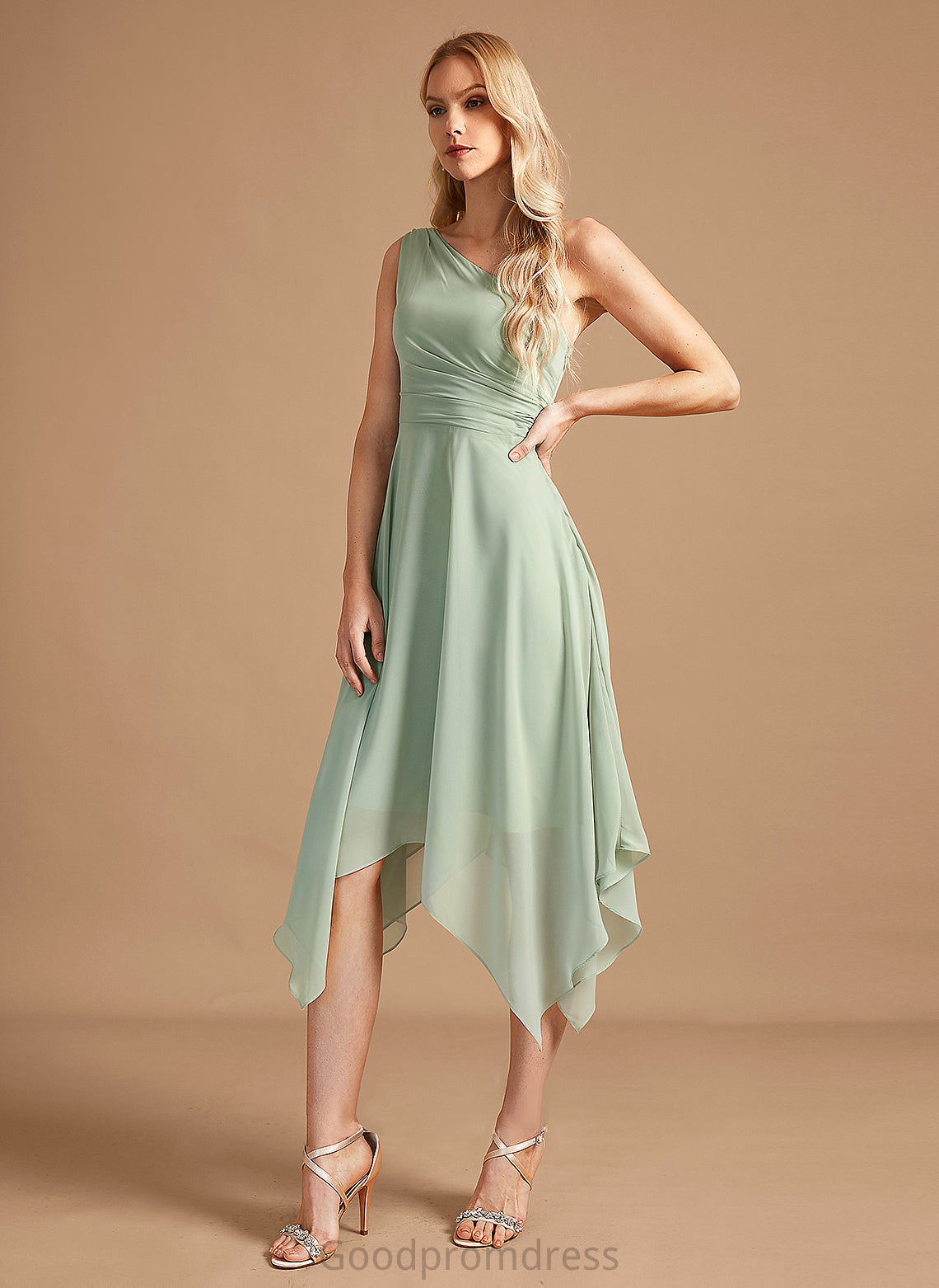 One-Shoulder Neckline Fabric Ruffle Embellishment Asymmetrical Length A-Line Silhouette Diya V-Neck Knee Length Bridesmaid Dresses