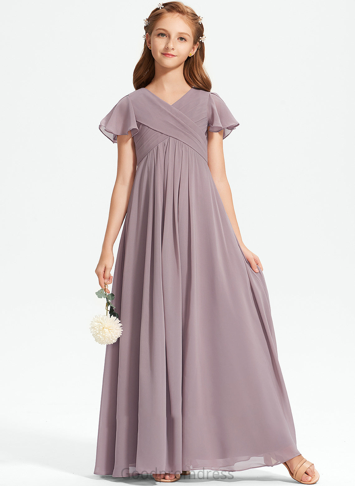 Floor-Length With Junior Bridesmaid Dresses Haven Ruffle V-neck A-Line Chiffon