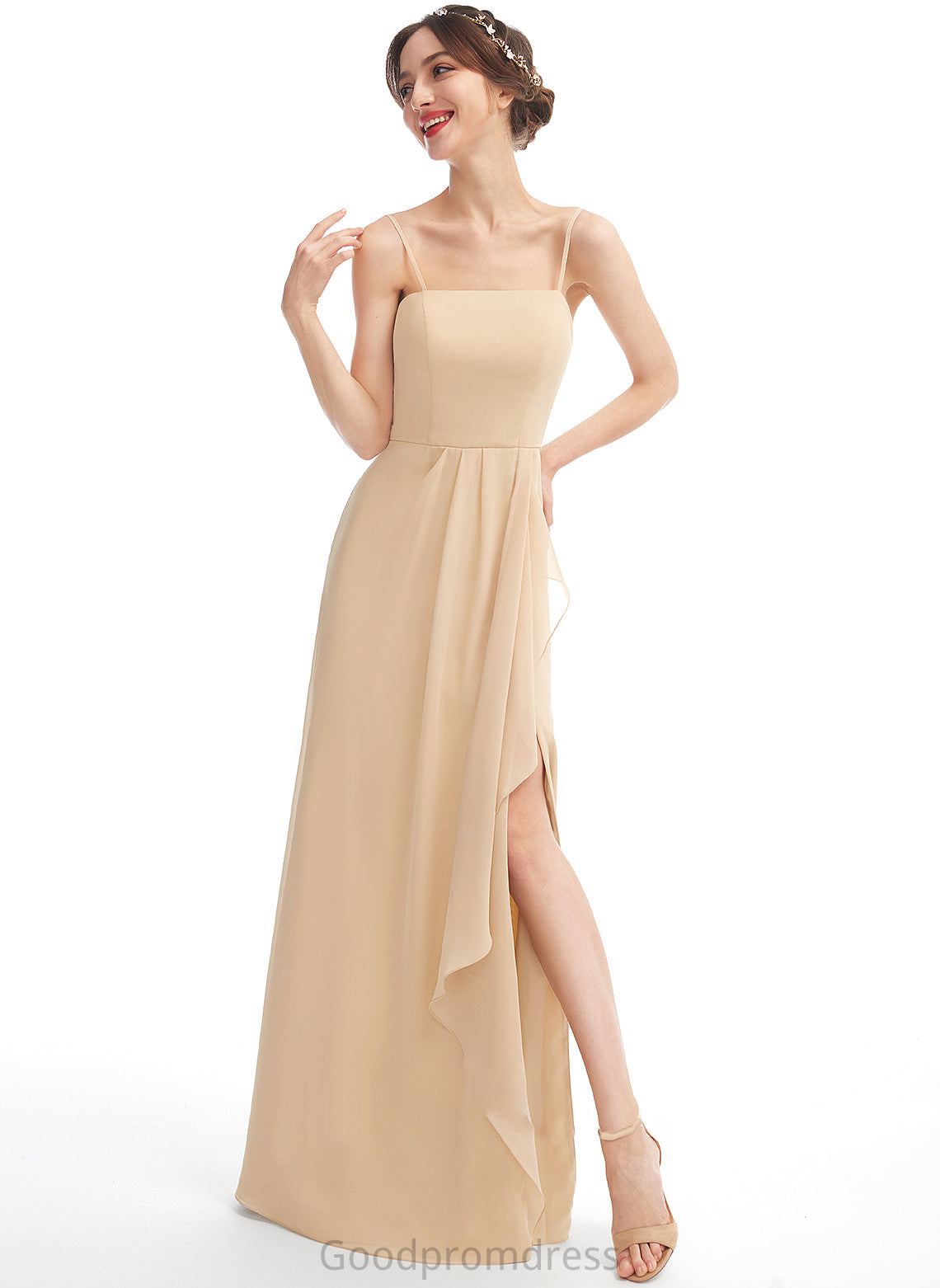 Neckline Embellishment Length Silhouette Floor-Length SplitFront A-Line Fabric SquareNeckline Chloe Floor Length V-Neck Bridesmaid Dresses