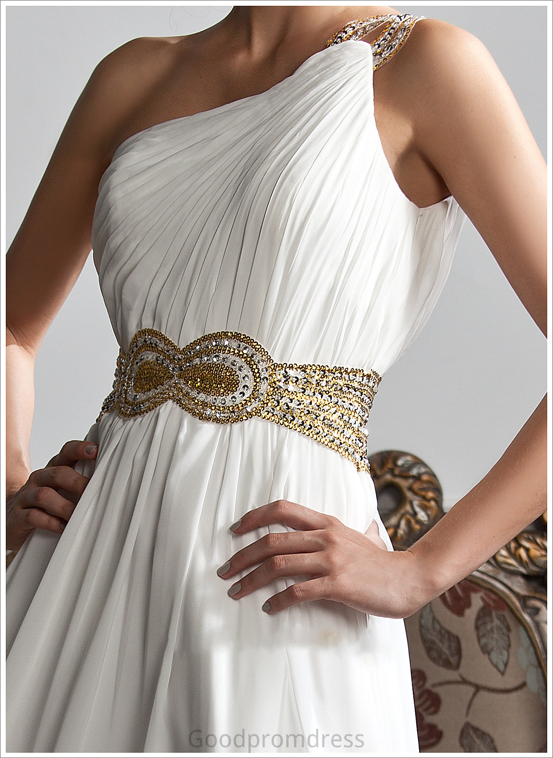 Split Sequins Prom Dresses Beading One-Shoulder Araceli Ruffle Floor-Length Chiffon With Front A-Line