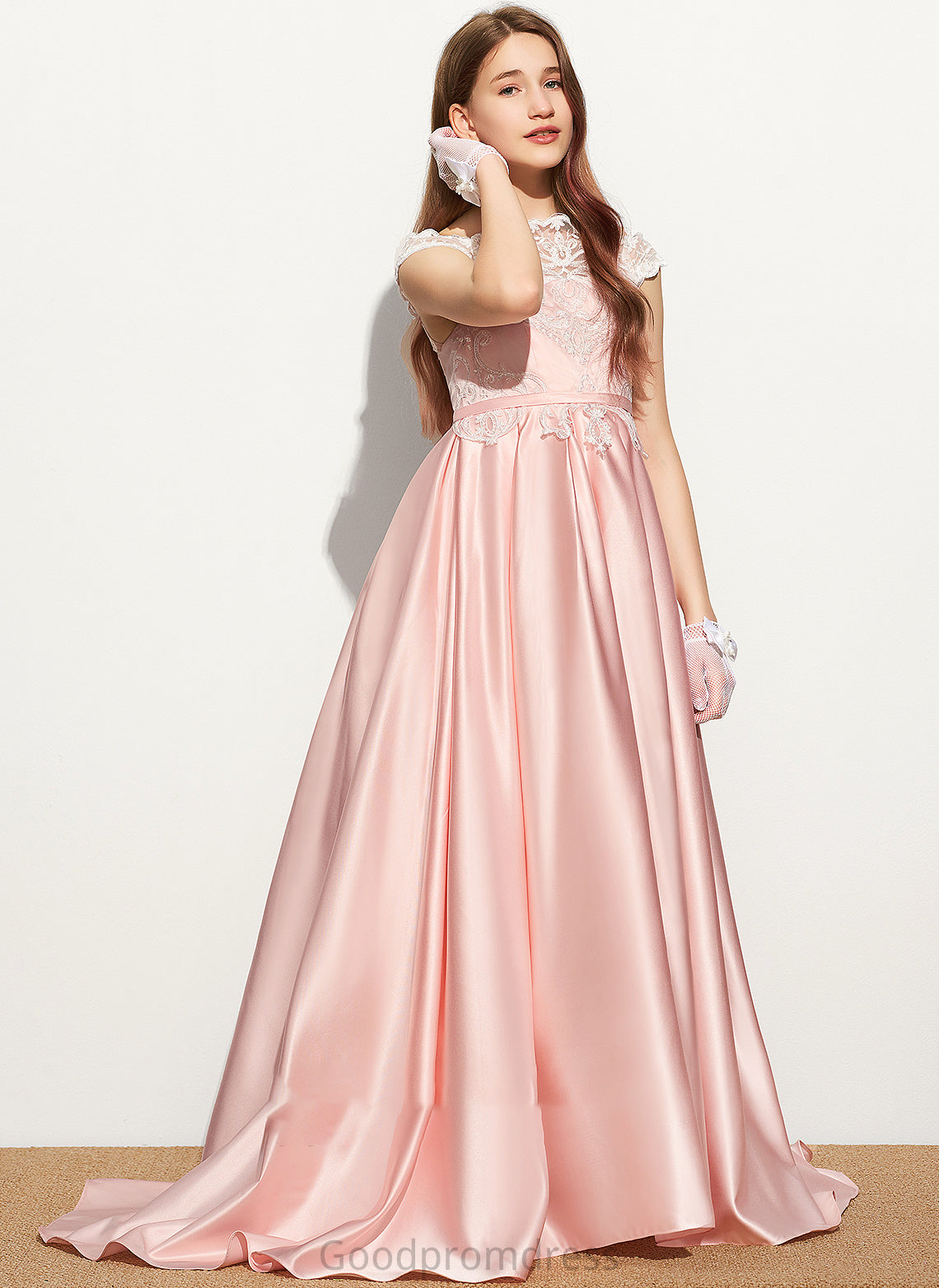 Lace Train Sweep Ball-Gown/Princess Junior Bridesmaid Dresses Ariel Off-the-Shoulder Satin