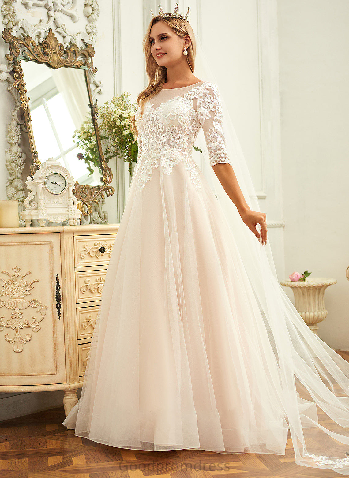 Neck Tulle Ball-Gown/Princess Lace Dress Cherish Train Scoop Wedding Wedding Dresses Sweep