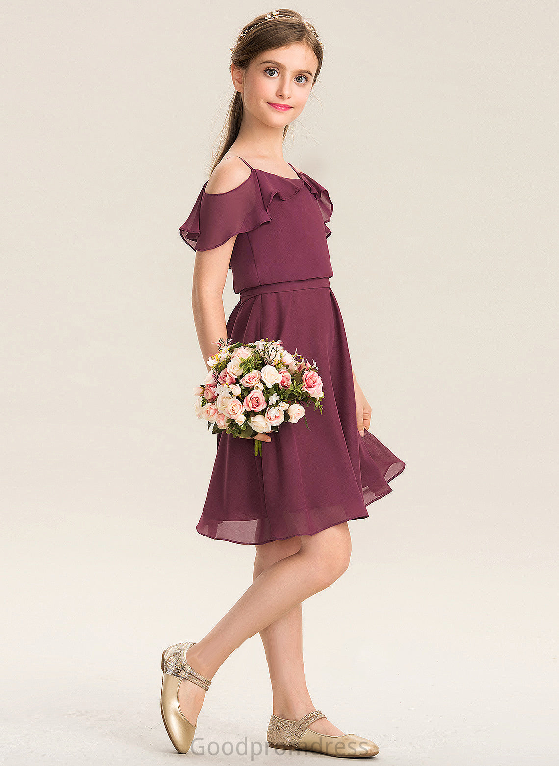 Off-the-Shoulder With Junior Bridesmaid Dresses Knee-Length Cascading Chiffon Bow(s) A-Line Juliet Ruffles