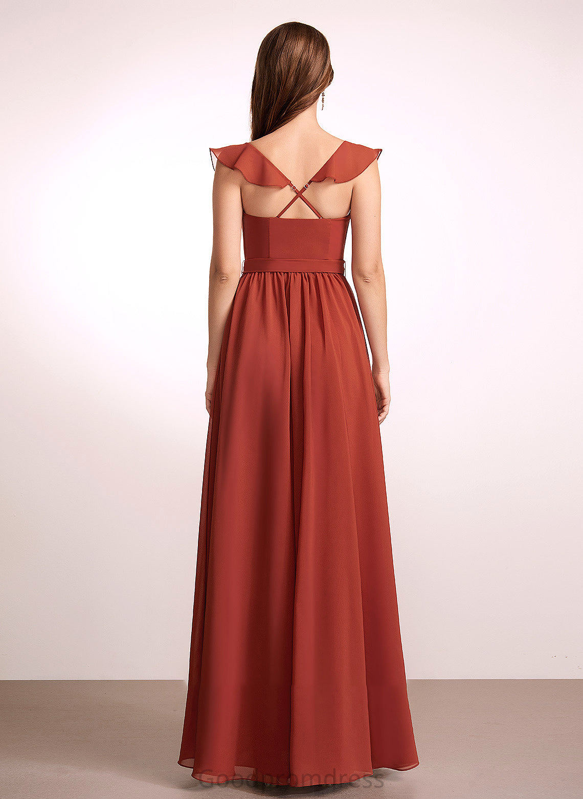 Fabric V-neck Floor-Length Length Embellishment A-Line Ruffle Silhouette Neckline Emily Floor Length A-Line/Princess Bridesmaid Dresses