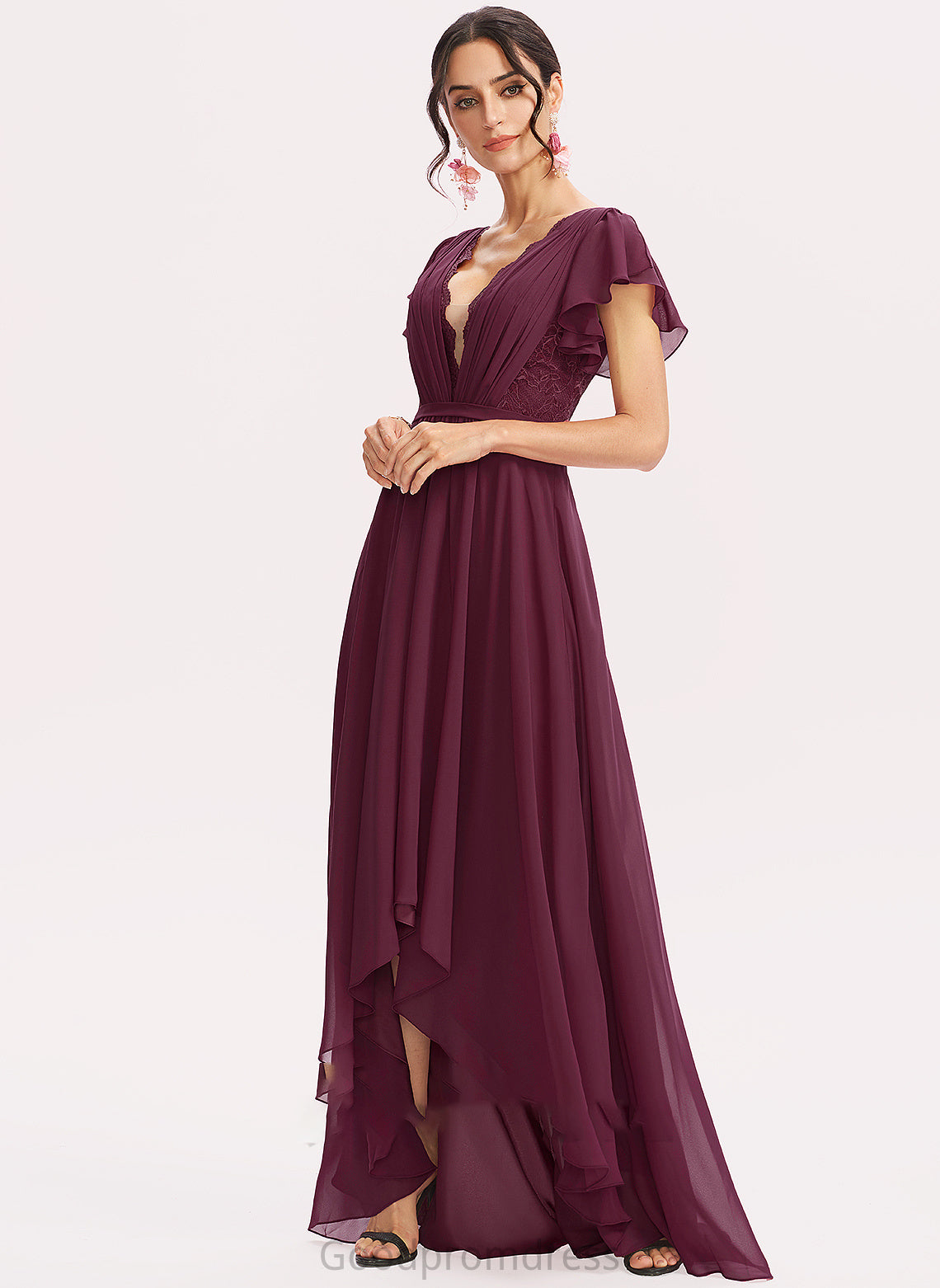 A-Line Neckline Embellishment V-neck Silhouette Asymmetrical Length Fabric Lace CascadingRuffles Harper Straps Bridesmaid Dresses