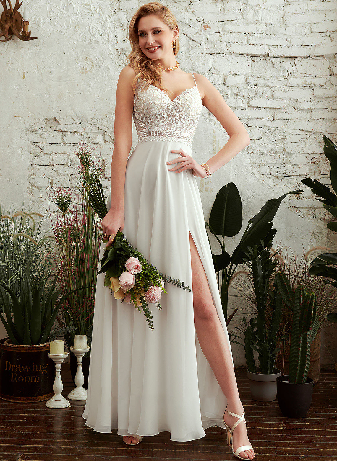 Split A-Line Front With Dress Wedding Dresses V-neck Wedding Louisa Floor-Length