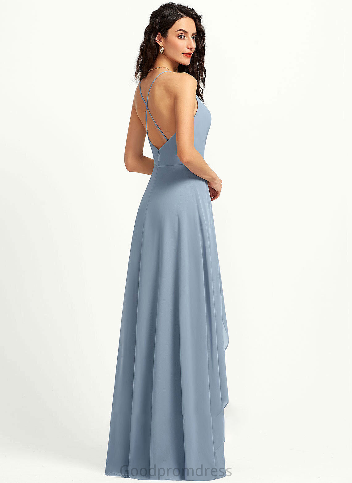 Straps V-neck Fabric A-Line Neckline Length Silhouette Asymmetrical Arielle Cap Sleeves Natural Waist Floor Length Bridesmaid Dresses