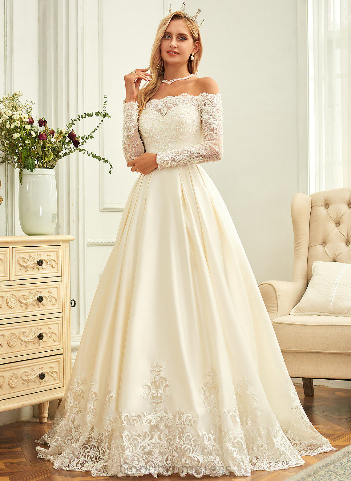 Dress Ball-Gown/Princess With Wedding Wedding Dresses Sweep Beading Sequins Alexandra Train Satin