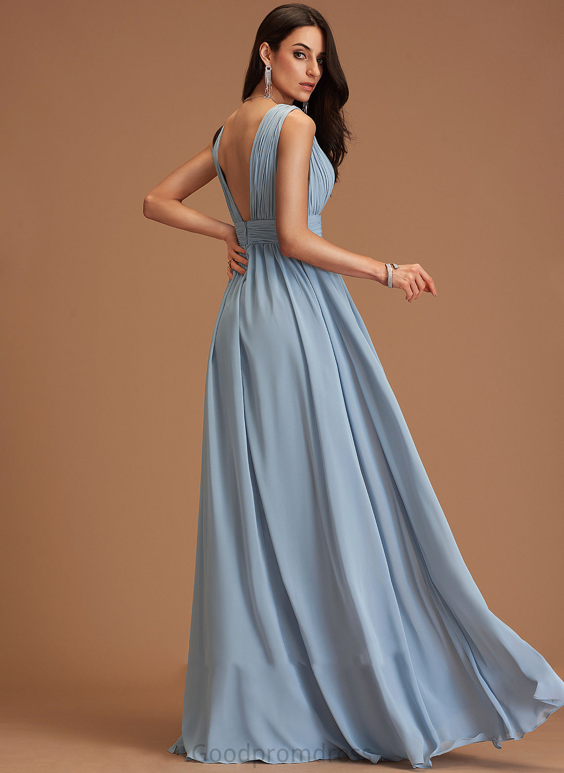 Silhouette A-Line Embellishment V-neck Fabric SplitFront Neckline Floor-Length Length Emilia Natural Waist Floor Length Bridesmaid Dresses