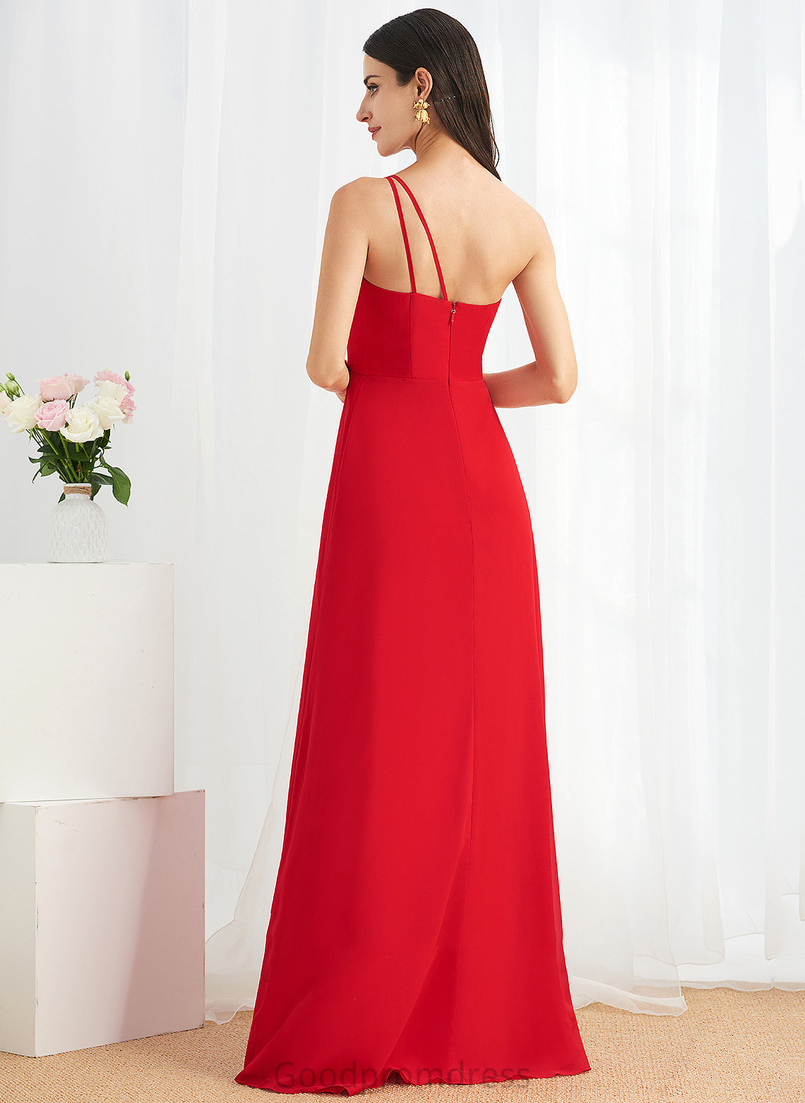 One-Shoulder SplitFront Neckline Length Silhouette Embellishment Ruffle Fabric A-Line Floor-Length Frederica Sleeveless Bridesmaid Dresses