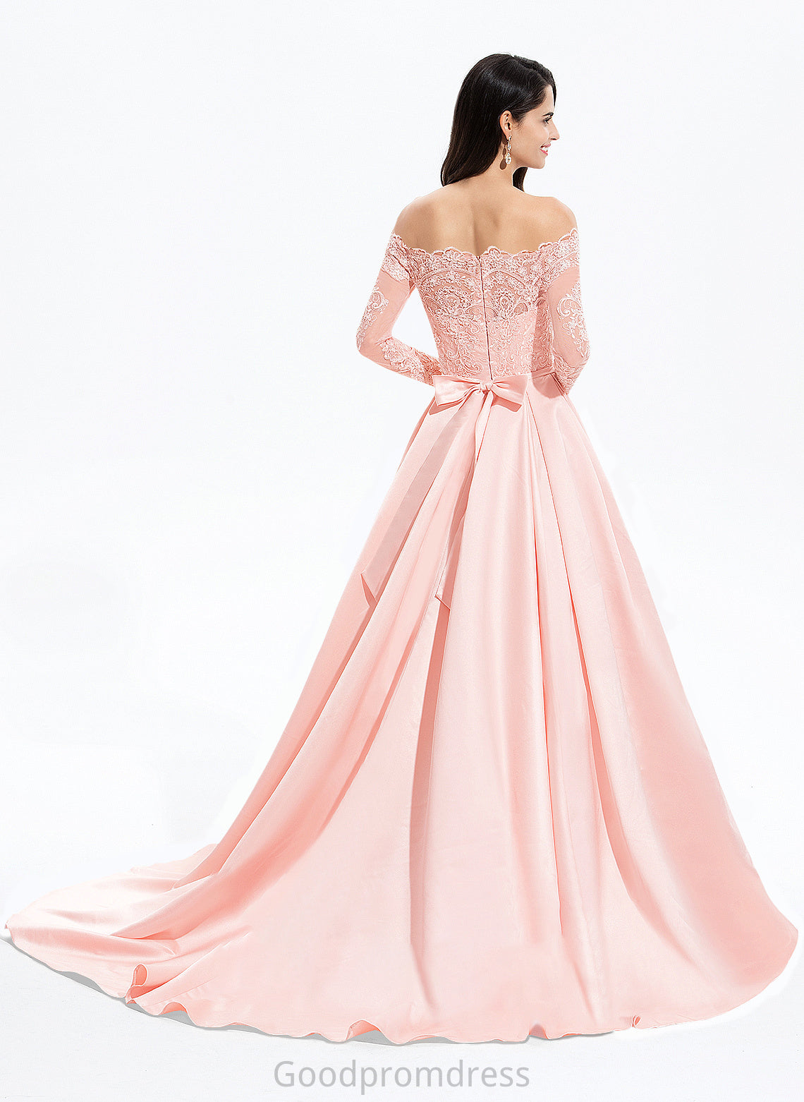 Ball-Gown/Princess Sweep Off-the-Shoulder Bow(s) Train Katrina Satin With Prom Dresses