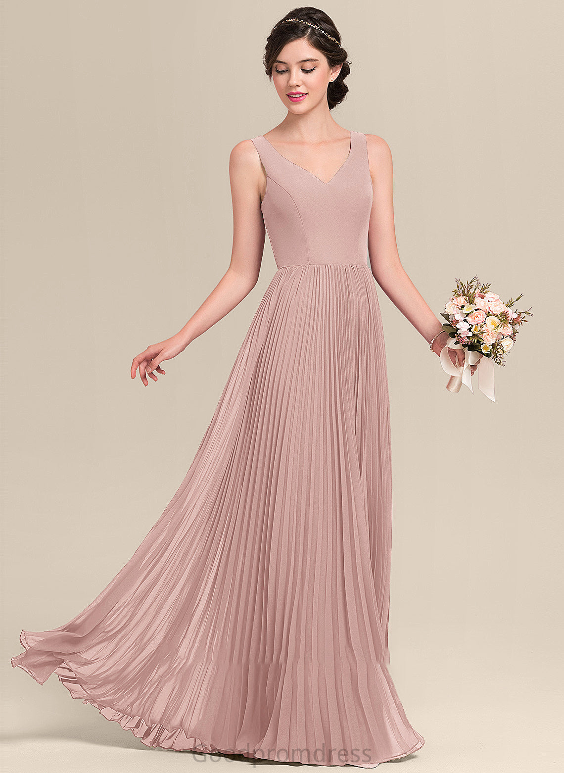 A-Line Silhouette V-neck Fabric Length Pleated Embellishment Floor-Length Neckline SplitFront Allisson A-Line/Princess Bridesmaid Dresses
