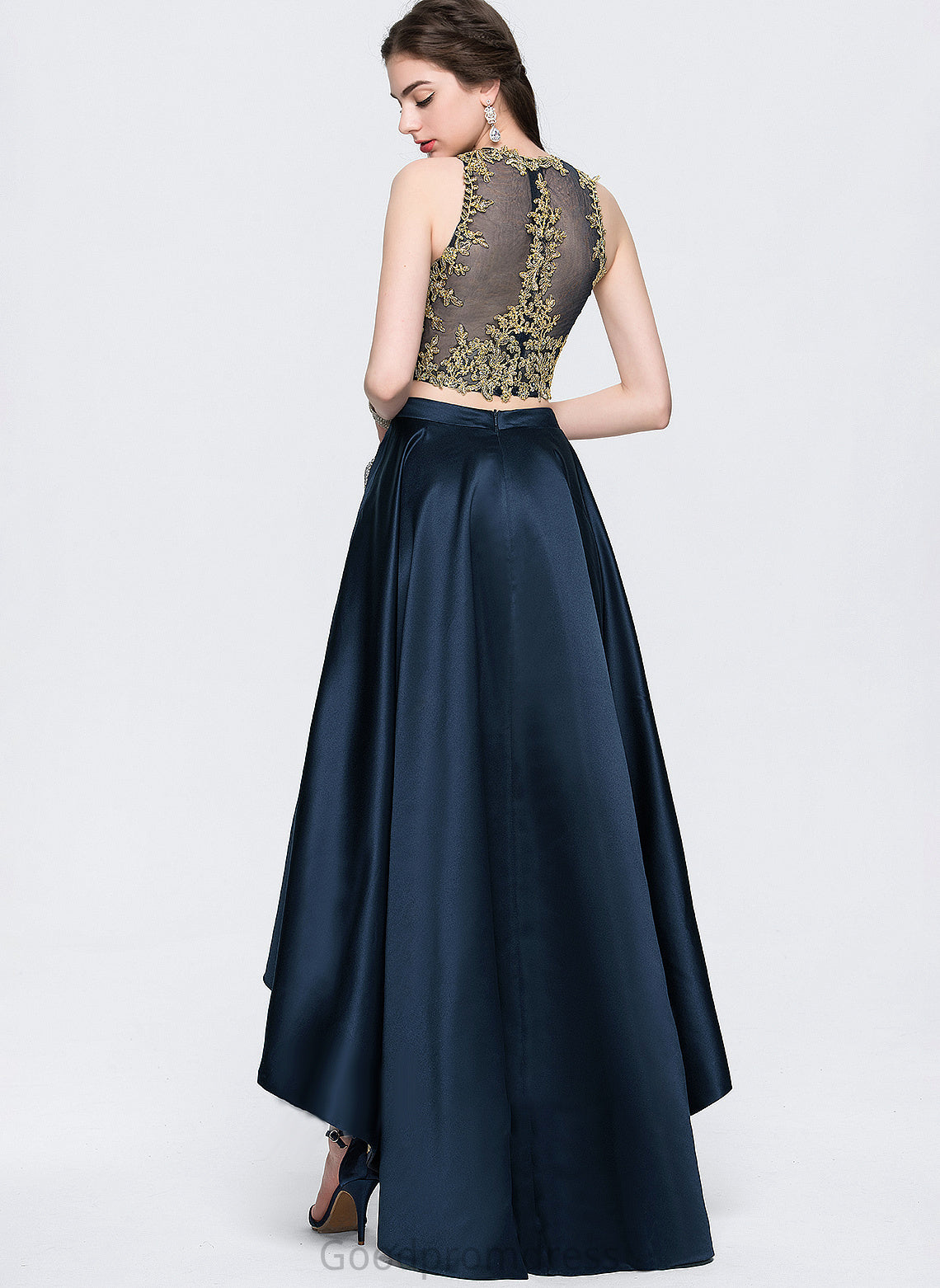 Beading Neck Stella Asymmetrical A-Line Scoop Lace Prom Dresses With Satin Sequins
