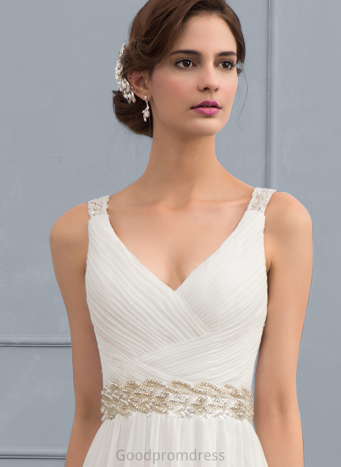 Sequins Train Sweep Wedding Dresses Dress Ruffle A-Line Beading Lace V-neck Diana Chiffon With Wedding