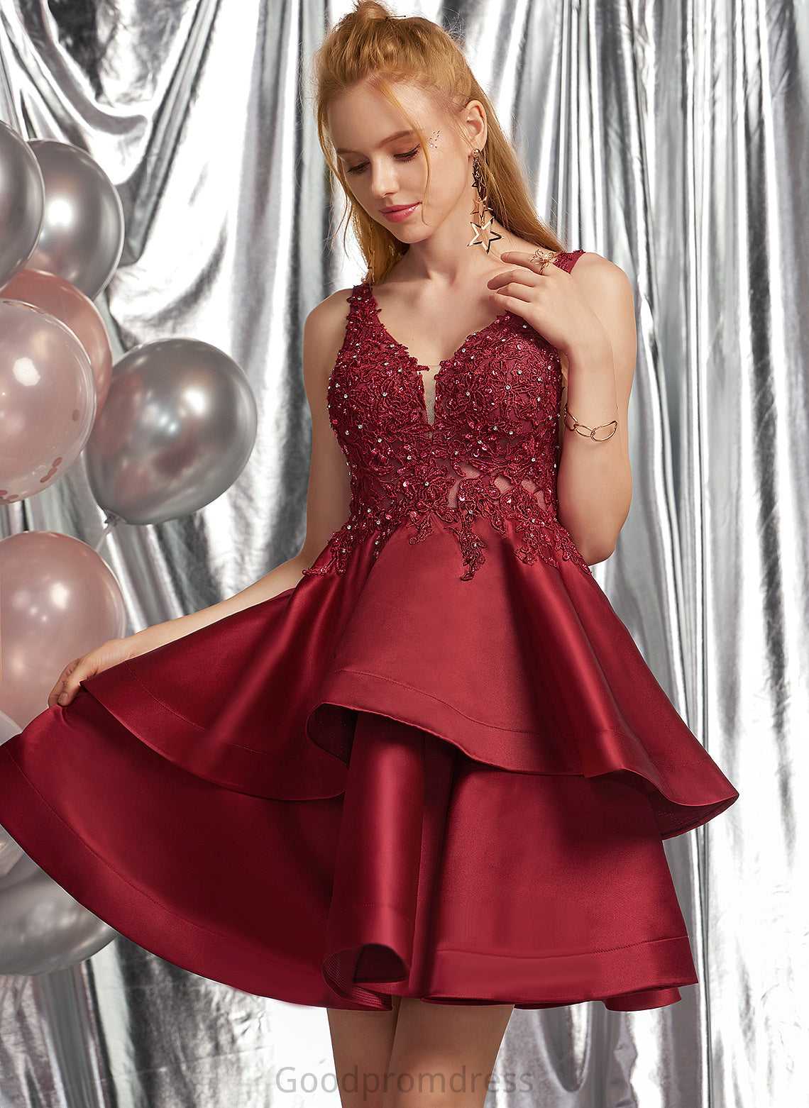 Satin Sequins Homecoming With Dress A-Line Beading V-neck Hailey Homecoming Dresses Short/Mini Lace