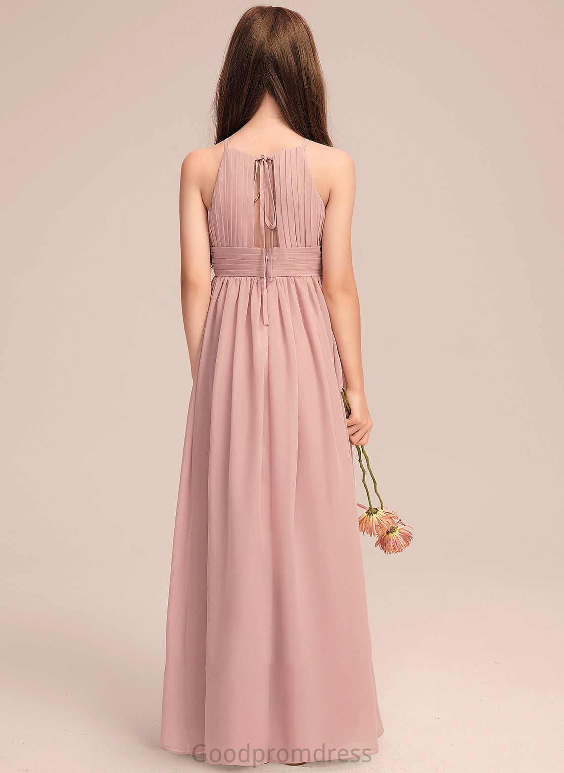With Patience Floor-Length Junior Bridesmaid Dresses Scoop A-Line Ruffle Neck Chiffon