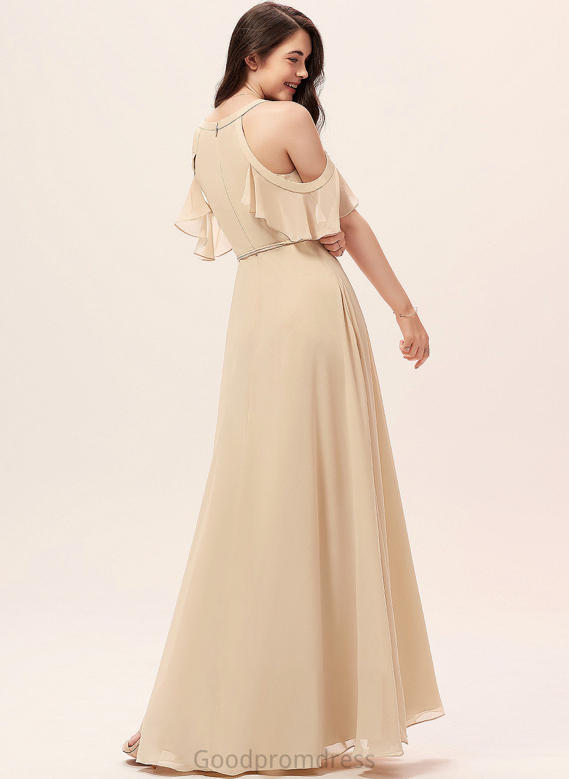 Floor-Length SplitFront V-neck Ruffle Length Fabric A-Line Silhouette Neckline Embellishment Reese Natural Waist Bridesmaid Dresses