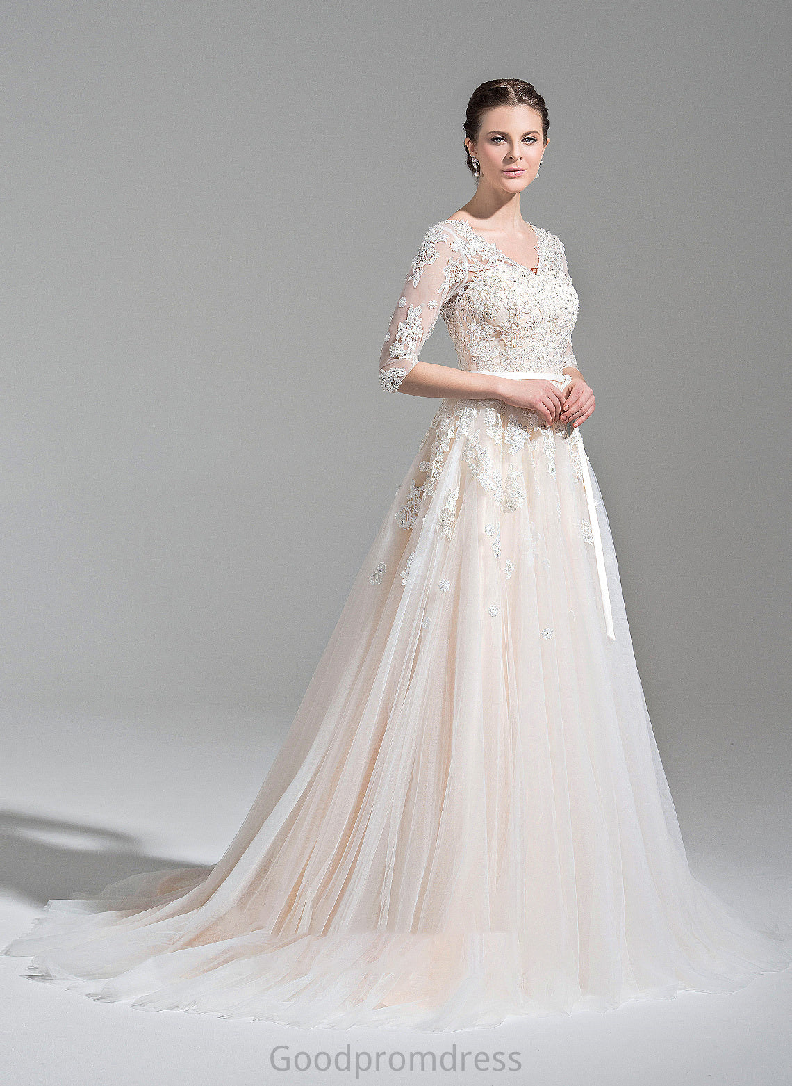 Wedding Dresses Appliques Beading Keira V-neck Ball-Gown/Princess Tulle Wedding Dress Sequins Lace Bow(s) Train With Court