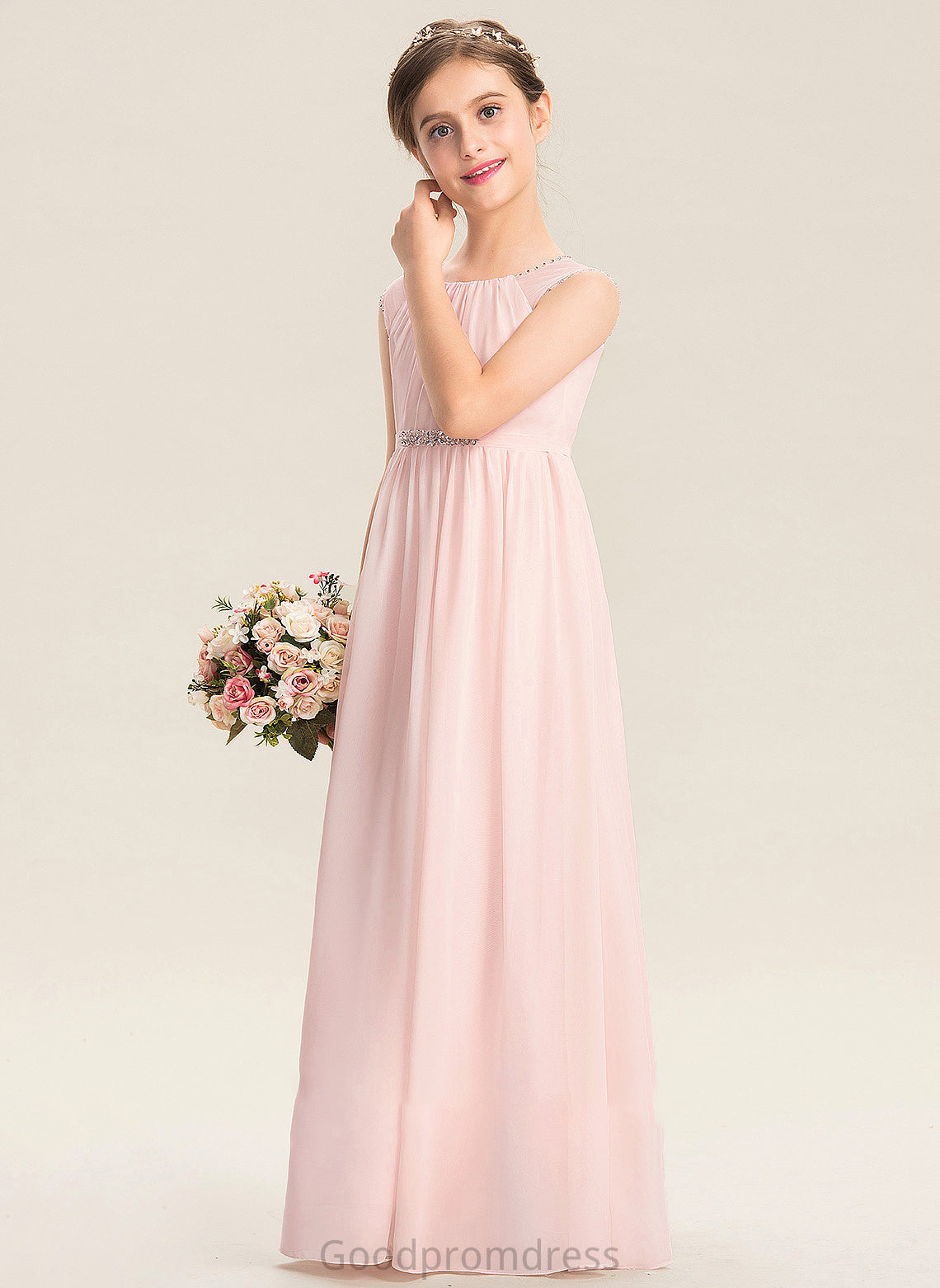 A-Line Chiffon Scoop Junior Bridesmaid Dresses Sequins Floor-Length Neck With Amelie Beading