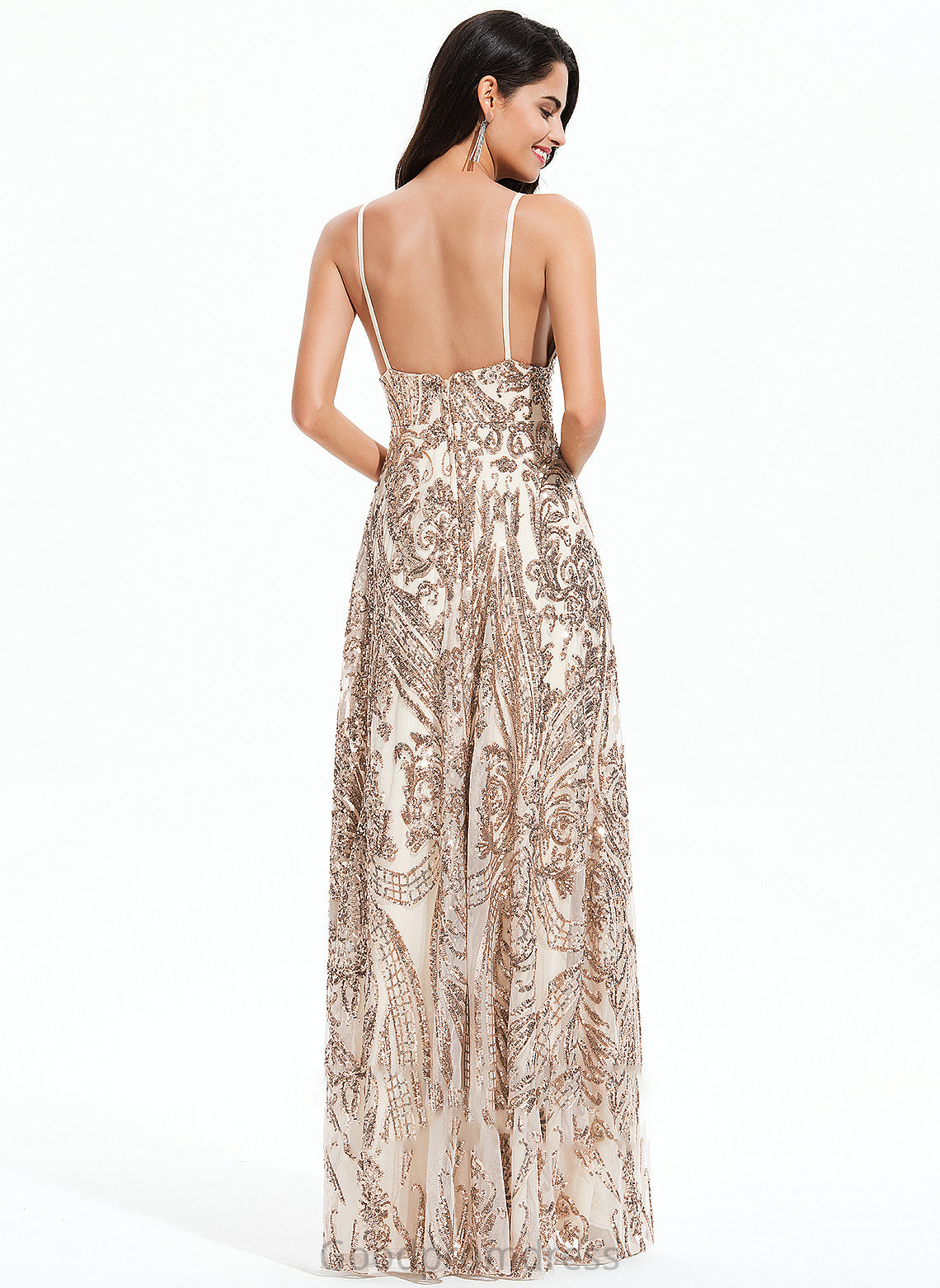 Claudia Split Sequined A-Line Sequins V-neck Front With Floor-Length Prom Dresses