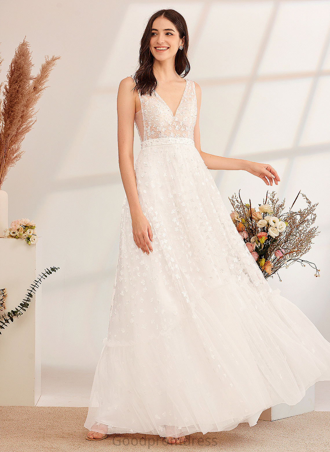 Beading A-Line Savanah V-neck Sequins With Dress Floor-Length Wedding Dresses Wedding