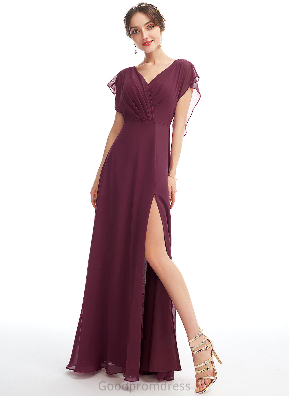 Fabric Floor-Length Embellishment Ruffle SplitFront Silhouette A-Line Neckline Length V-neck Jaycee Sleeveless Bridesmaid Dresses