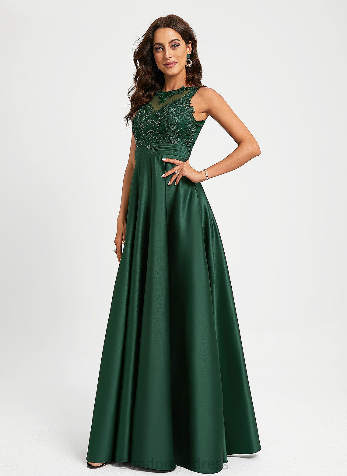 With Satin Floor-Length Neck Lace Sequins Scoop Geraldine Prom Dresses Ball-Gown/Princess