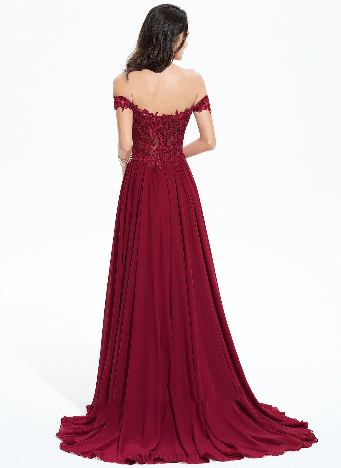 Nicky Sequins A-Line Prom Dresses Train Off-the-Shoulder With Chiffon Lace Sweep