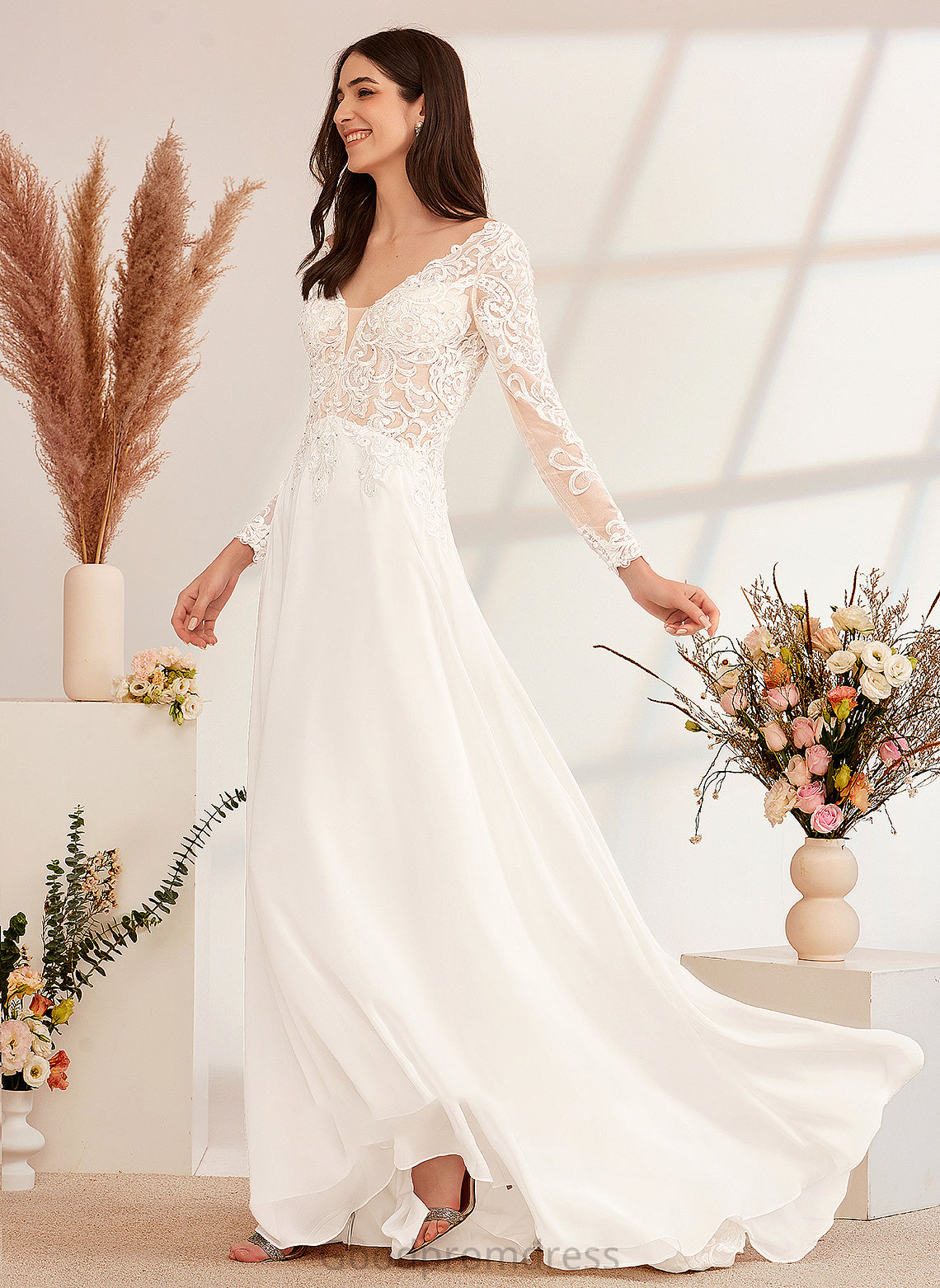 Sweep Wedding A-Line Beading Dress Train Marisol Wedding Dresses With V-neck
