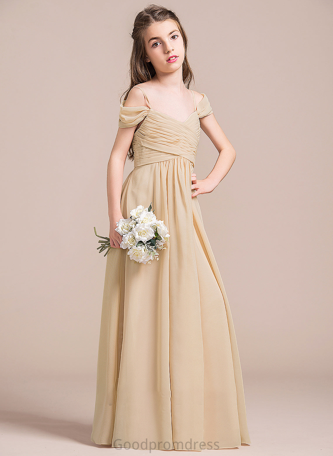 Chiffon Ruffle A-Line With Alejandra Floor-Length Off-the-Shoulder Junior Bridesmaid Dresses