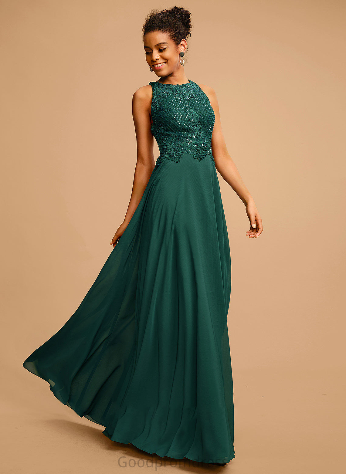 Scoop Prom Dresses Chiffon A-Line Front Lace Sequins Floor-Length With Split Nylah Neck