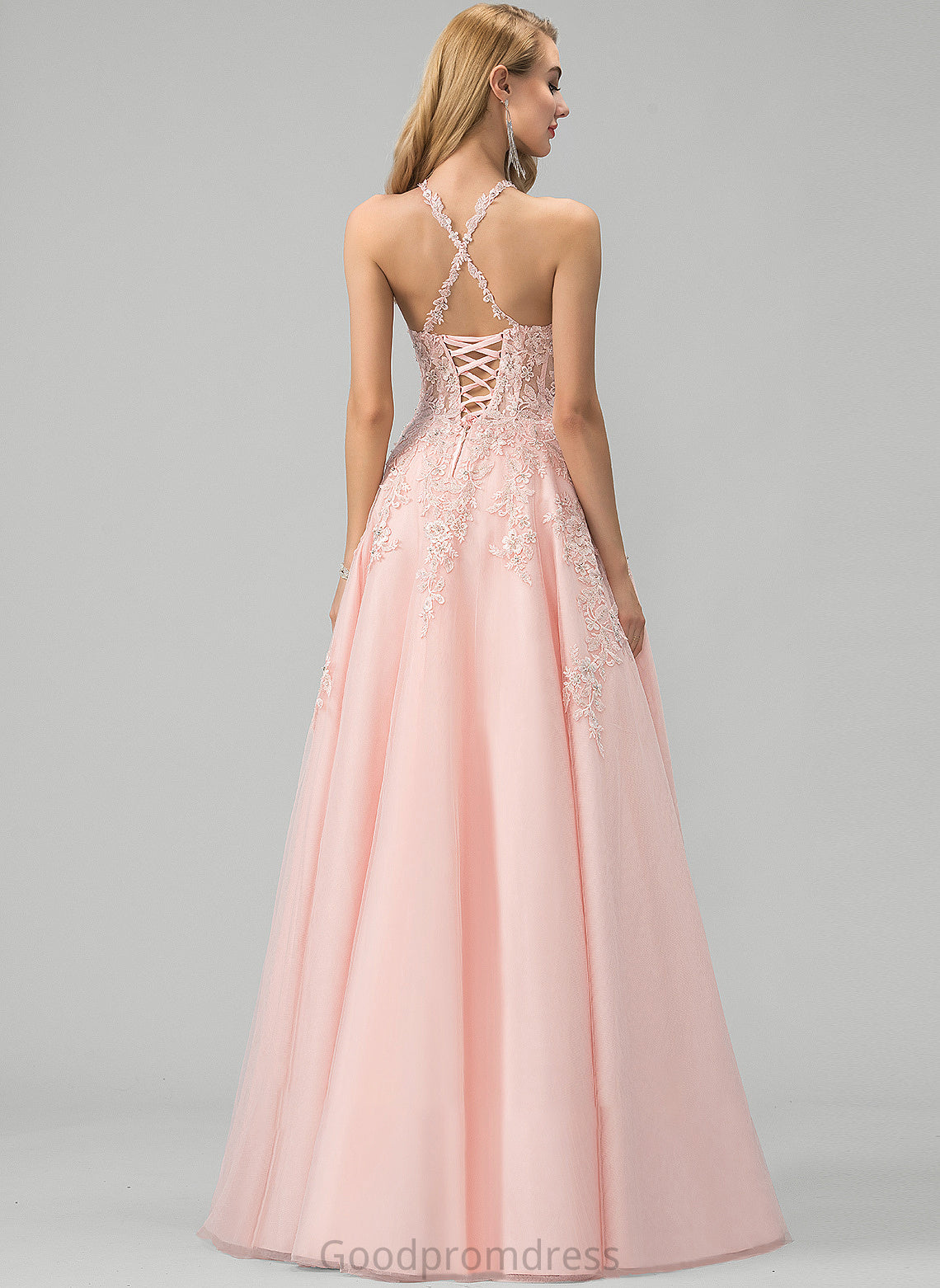 Floor-Length Sequins Scoop Lace Ball-Gown/Princess Prom Dresses Marilyn Tulle With Beading Neck
