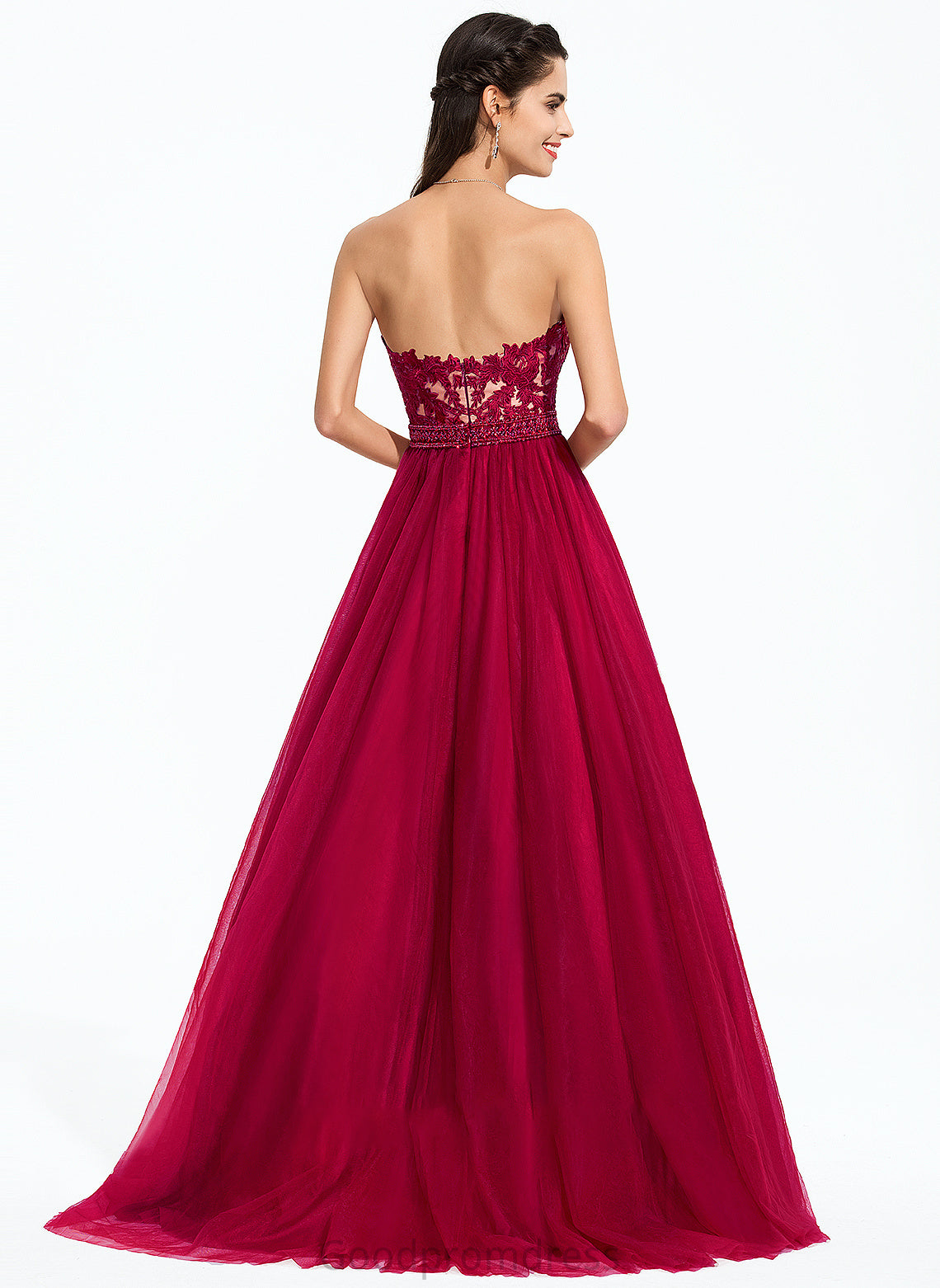 Ball-Gown/Princess With Tulle Prom Dresses Train Sequins Sweep Beading Sweetheart Kianna