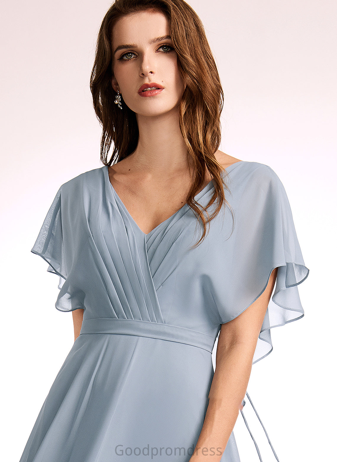 Floor-Length V-neck Fabric Neckline Silhouette A-Line Embellishment Ruffle Length Abby Knee Length Sleeveless Bridesmaid Dresses