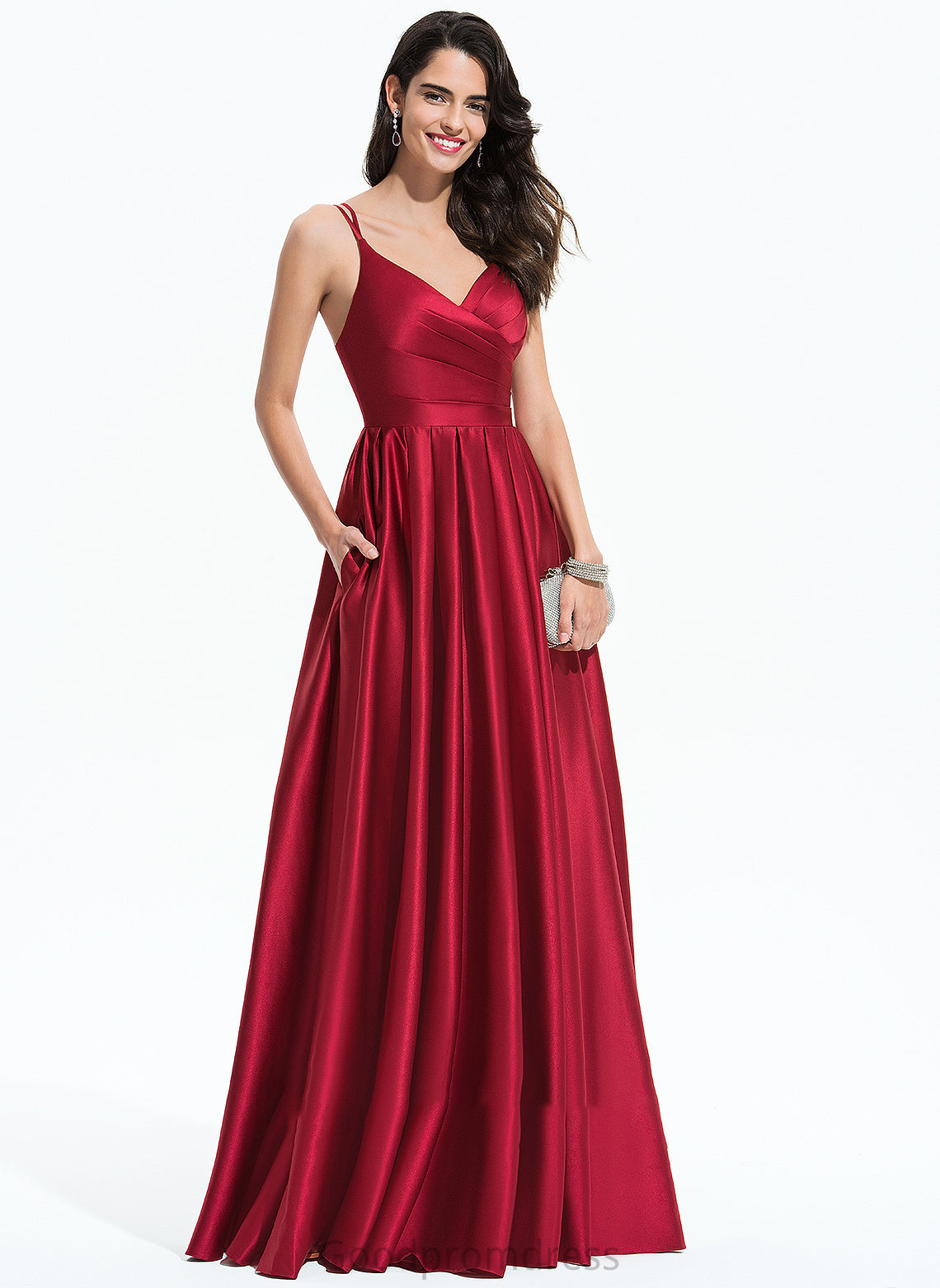 A-Line Pockets Prom Dresses Satin With Floor-Length Ruffle V-neck Kirsten