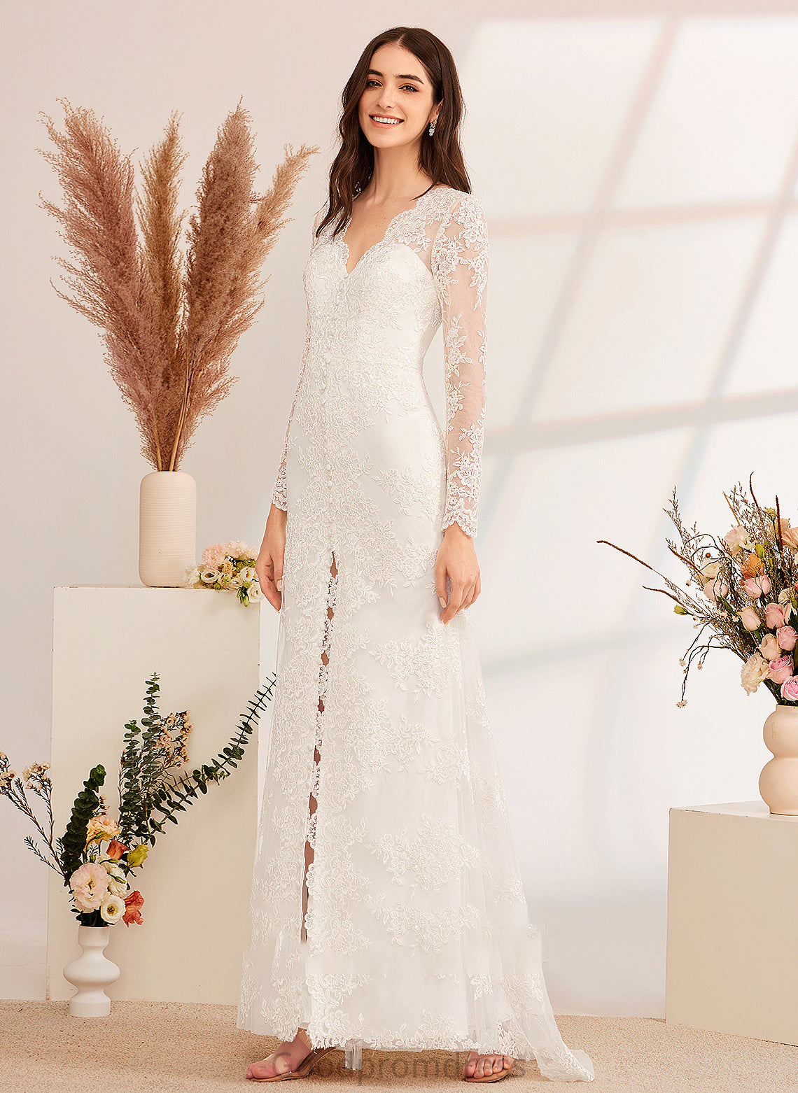 Front A-Line V-neck Wedding Split Wedding Dresses With Sweep Dress Sequins Nicky Beading Train