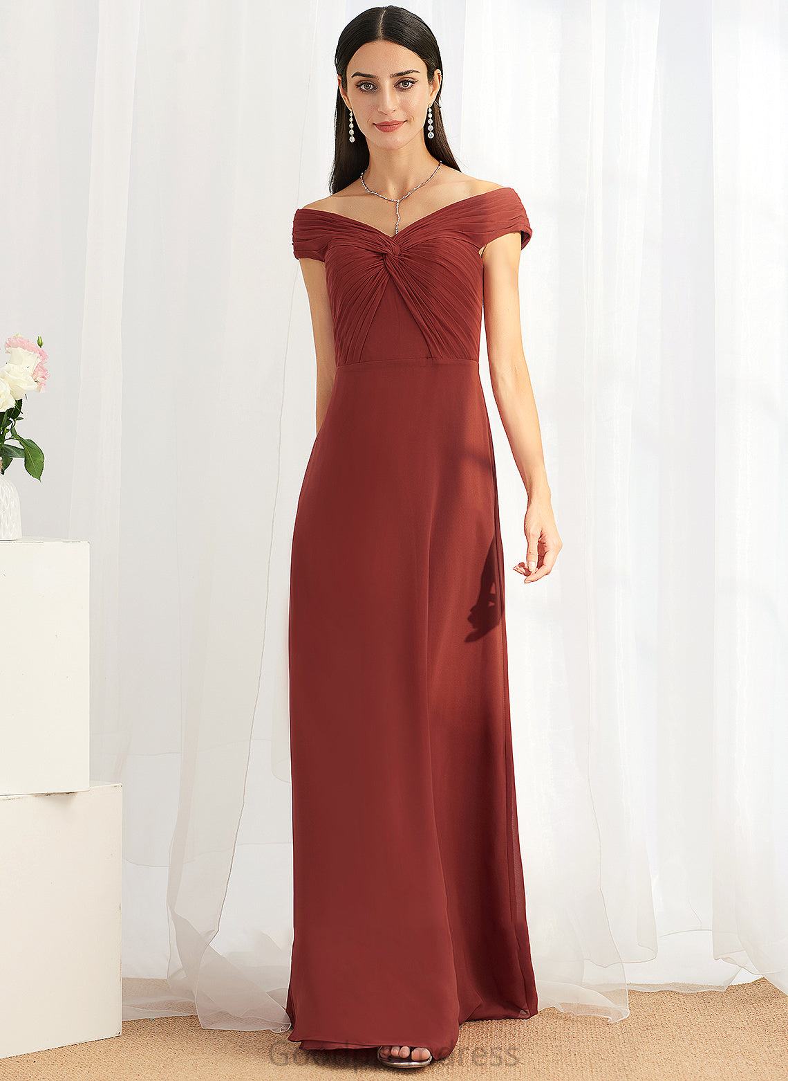 Length Ruffle Silhouette Sheath/Column Embellishment Off-the-Shoulder Fabric Floor-Length Neckline Jamie A-Line/Princess Sleeveless Bridesmaid Dresses