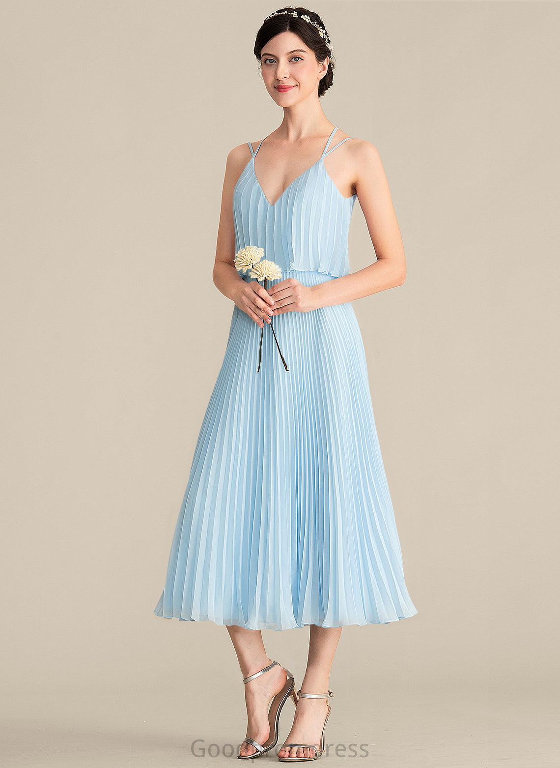 Fabric Neckline V-neck Tea-Length A-Line Pleated Silhouette Length Embellishment Tori Natural Waist A-Line/Princess Bridesmaid Dresses