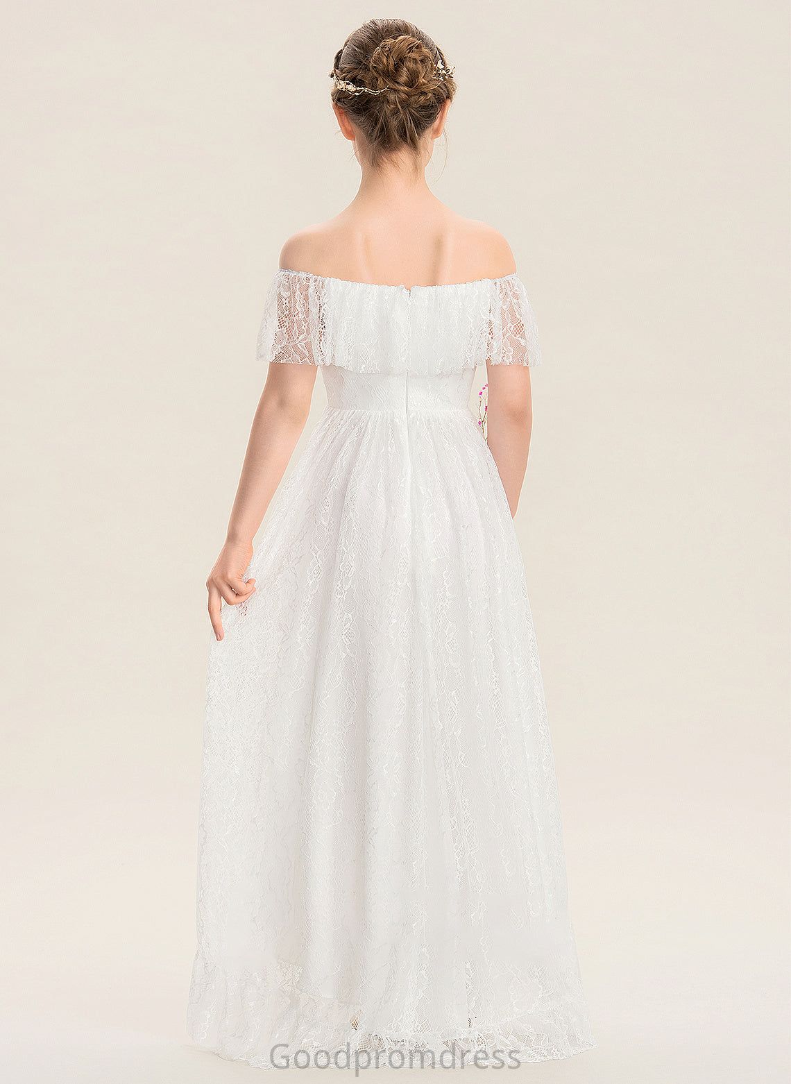 A-Line Una Asymmetrical Lace Off-the-Shoulder Junior Bridesmaid Dresses