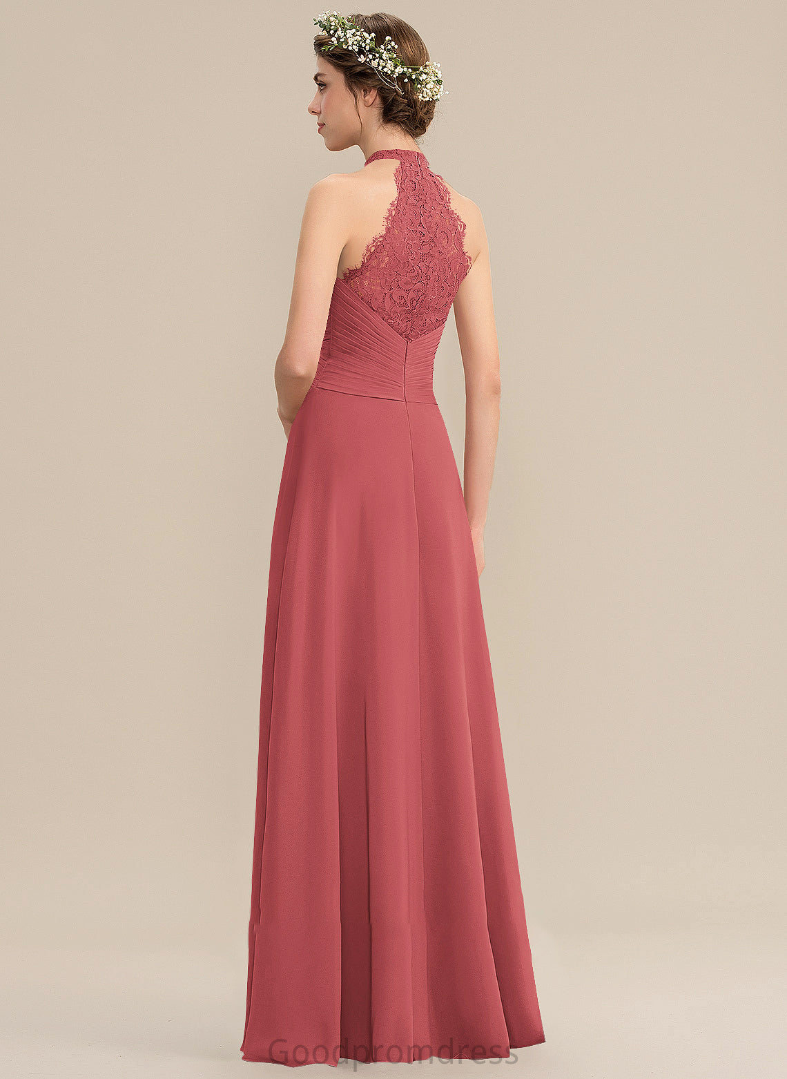 Lace Ruffle High Prom Dresses Front With Split Neck Annika A-Line Floor-Length Chiffon