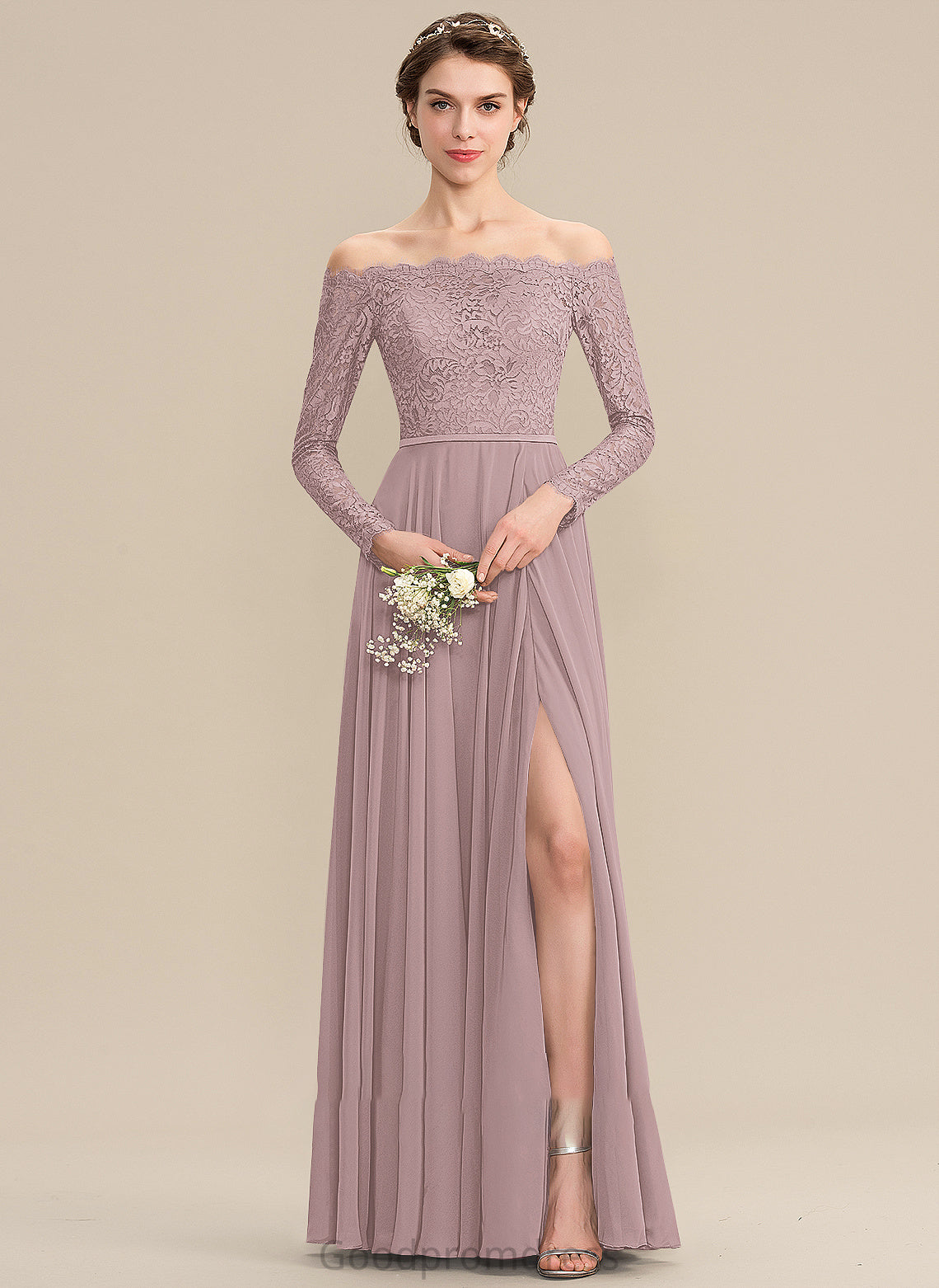 Length Floor-Length Off-the-Shoulder SplitFront Fabric Silhouette Neckline Embellishment A-Line Marley Scoop Natural Waist Bridesmaid Dresses