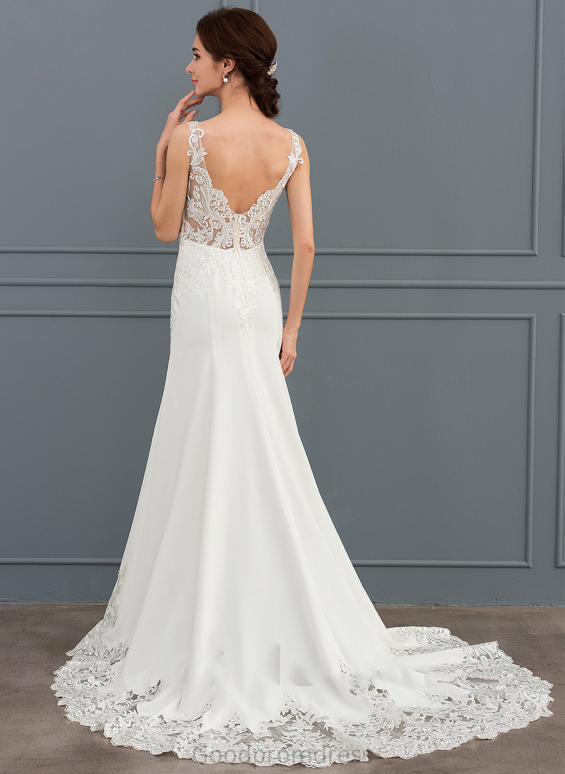 Dress Wedding Dresses V-neck Sequins Chasity Court Crepe Trumpet/Mermaid Stretch Train Wedding Lace With