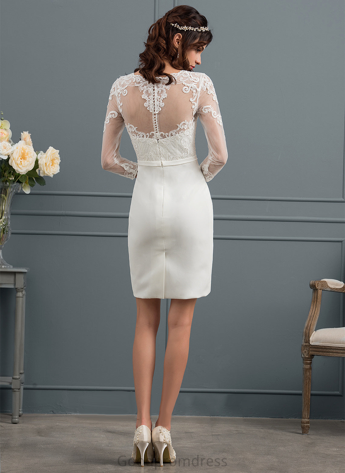 Sheath/Column Sequins Knee-Length With Bow(s) Lace Wedding Dresses Dress Illusion Wedding Marlee