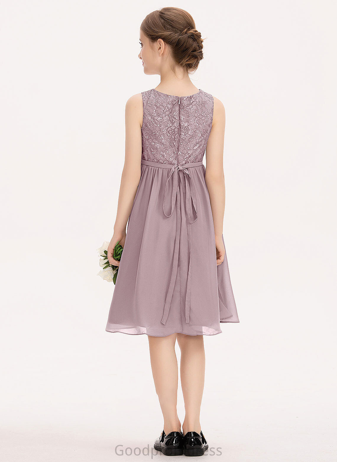 Bow(s) Nayeli Beading A-Line With Chiffon Neck Scoop Knee-Length Junior Bridesmaid Dresses Lace